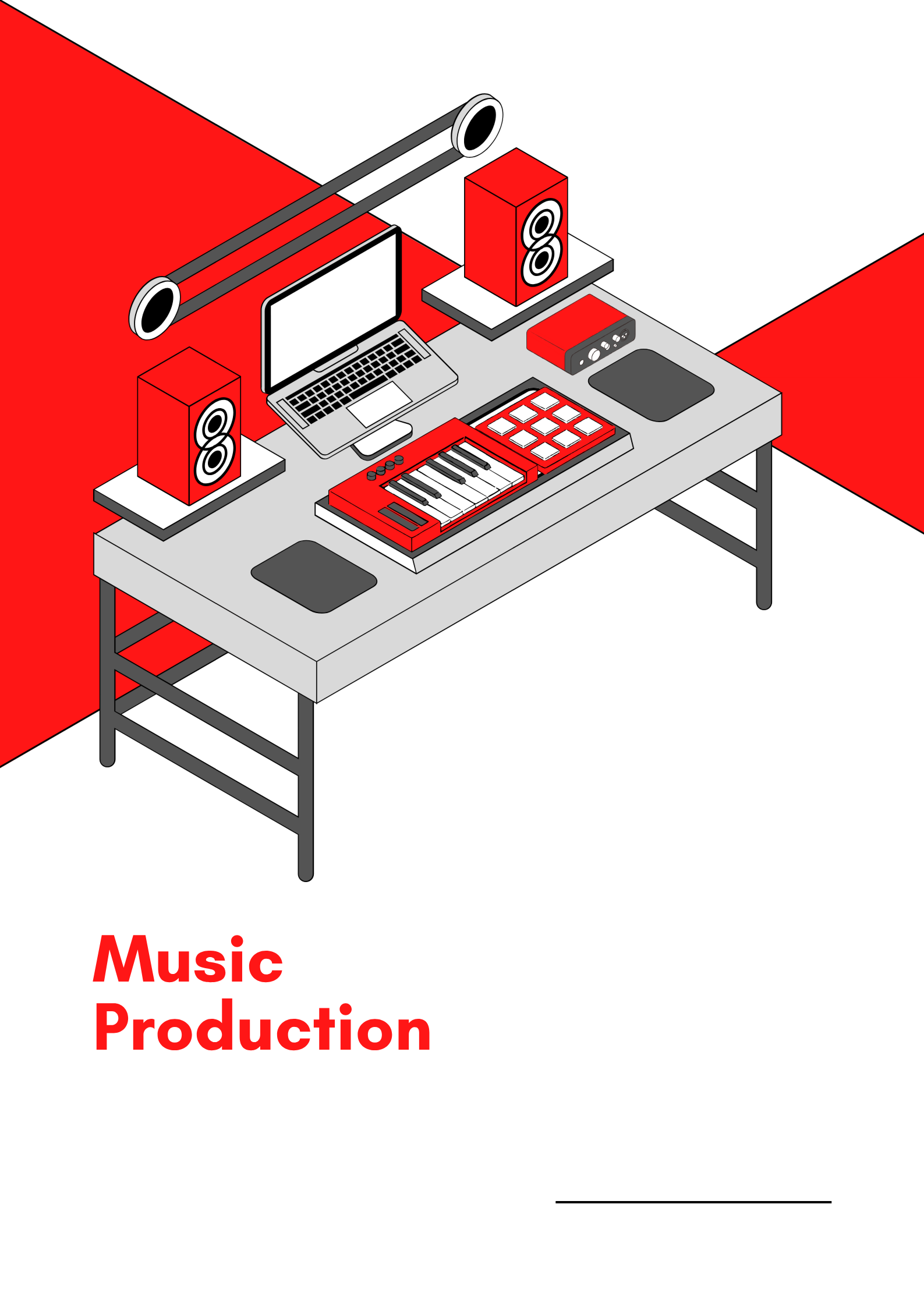red & white modern isometric music production workshop poster